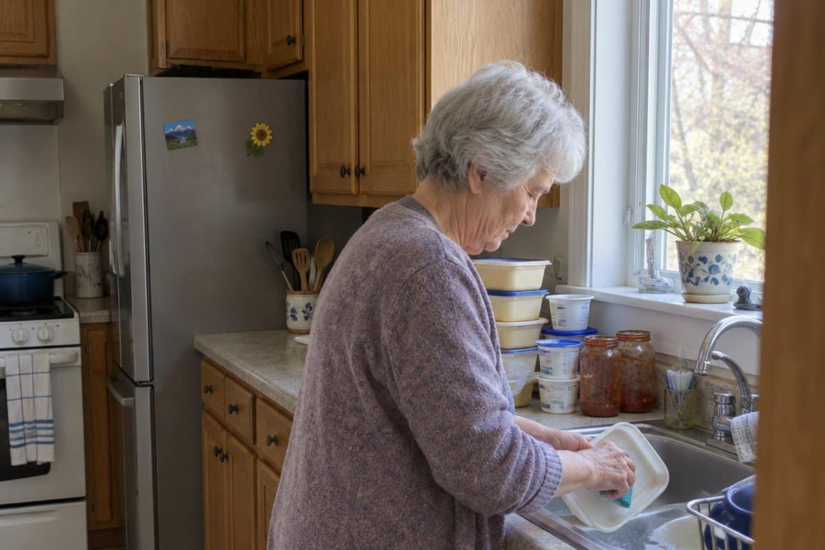 An older woman washing a plastic tub at a kitchen sink beside stacked saved containers and jars.