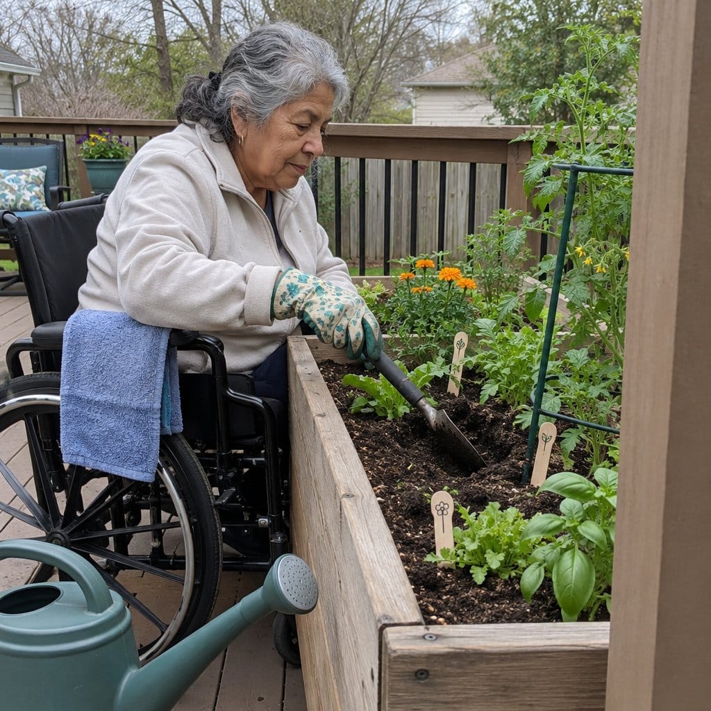Woman in a wheelchair using a long-handled trowel at a raised garden bed on a deck