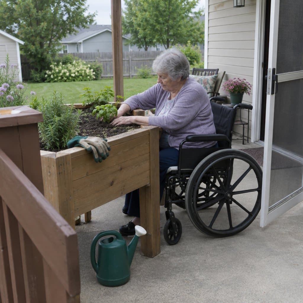 Older woman in a wheelchair rolled under a tall wooden raised garden bed, planting herbs on a patio