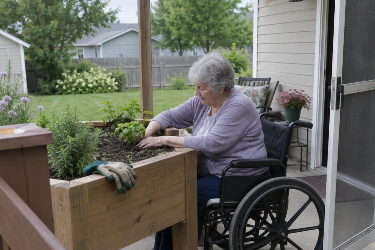 Older woman in a wheelchair rolled under a tall wooden raised garden bed, planting herbs on a patio