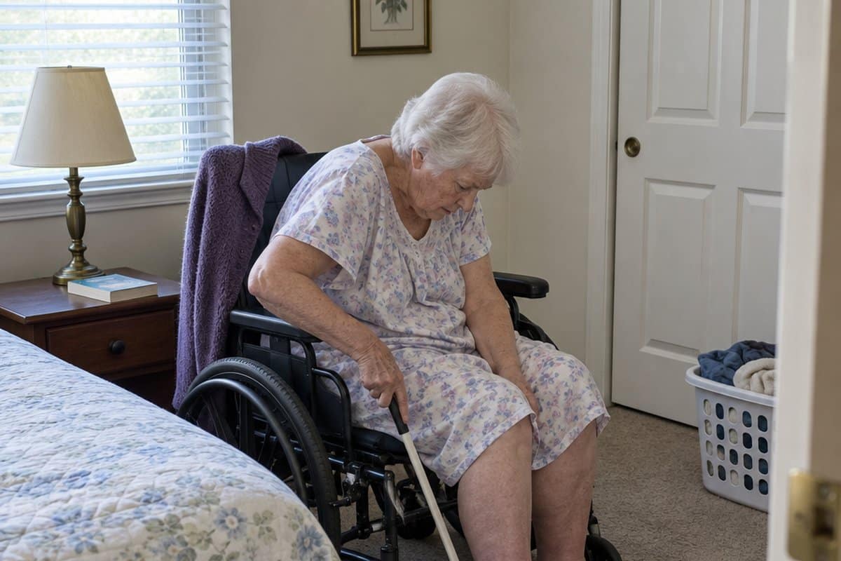 Older woman in a wheelchair beside her bed using a long shoehorn to put a slip-on shoe on her foot