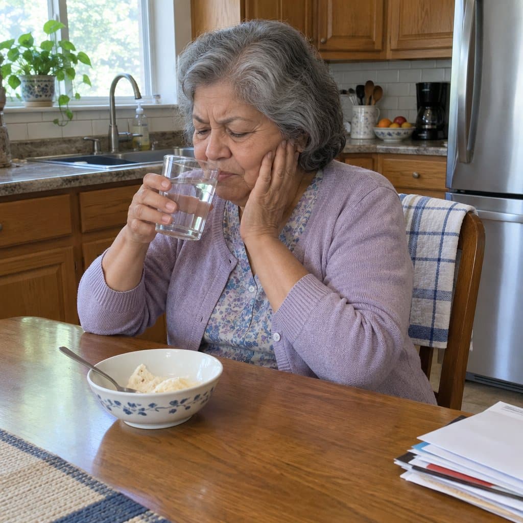 Older woman at a kitchen table wincing with her hand on her cheek while holding a glass of water