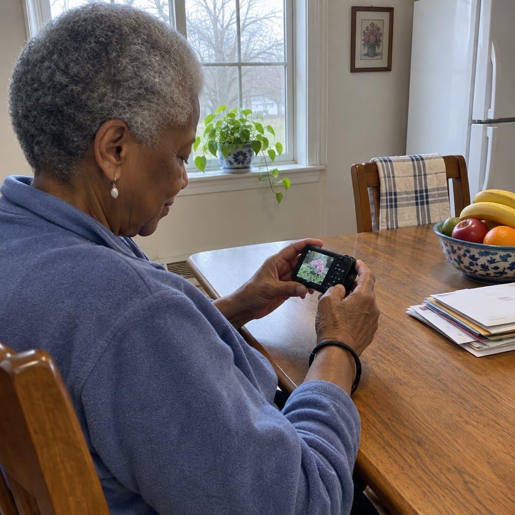 Older woman at a kitchen table holding a compact camera with a strap around her wrist