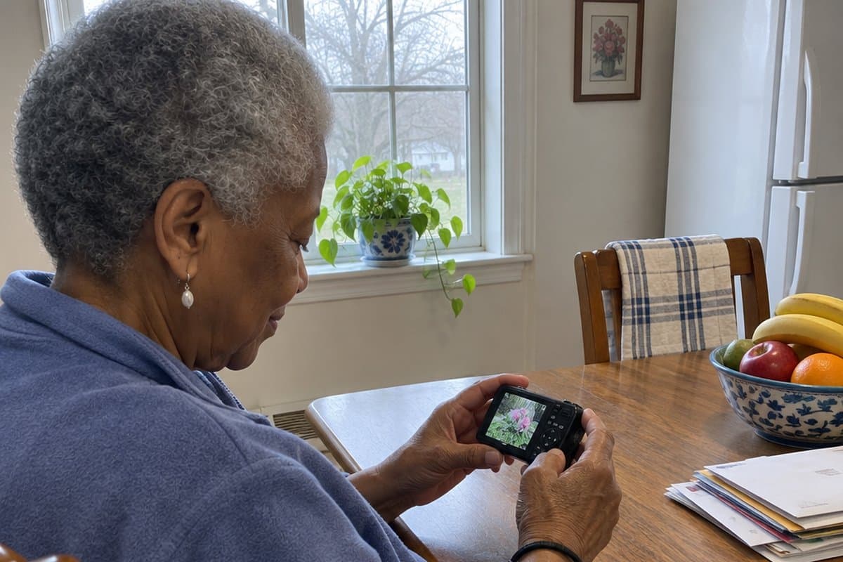 Older woman at a kitchen table holding a compact camera with a strap around her wrist