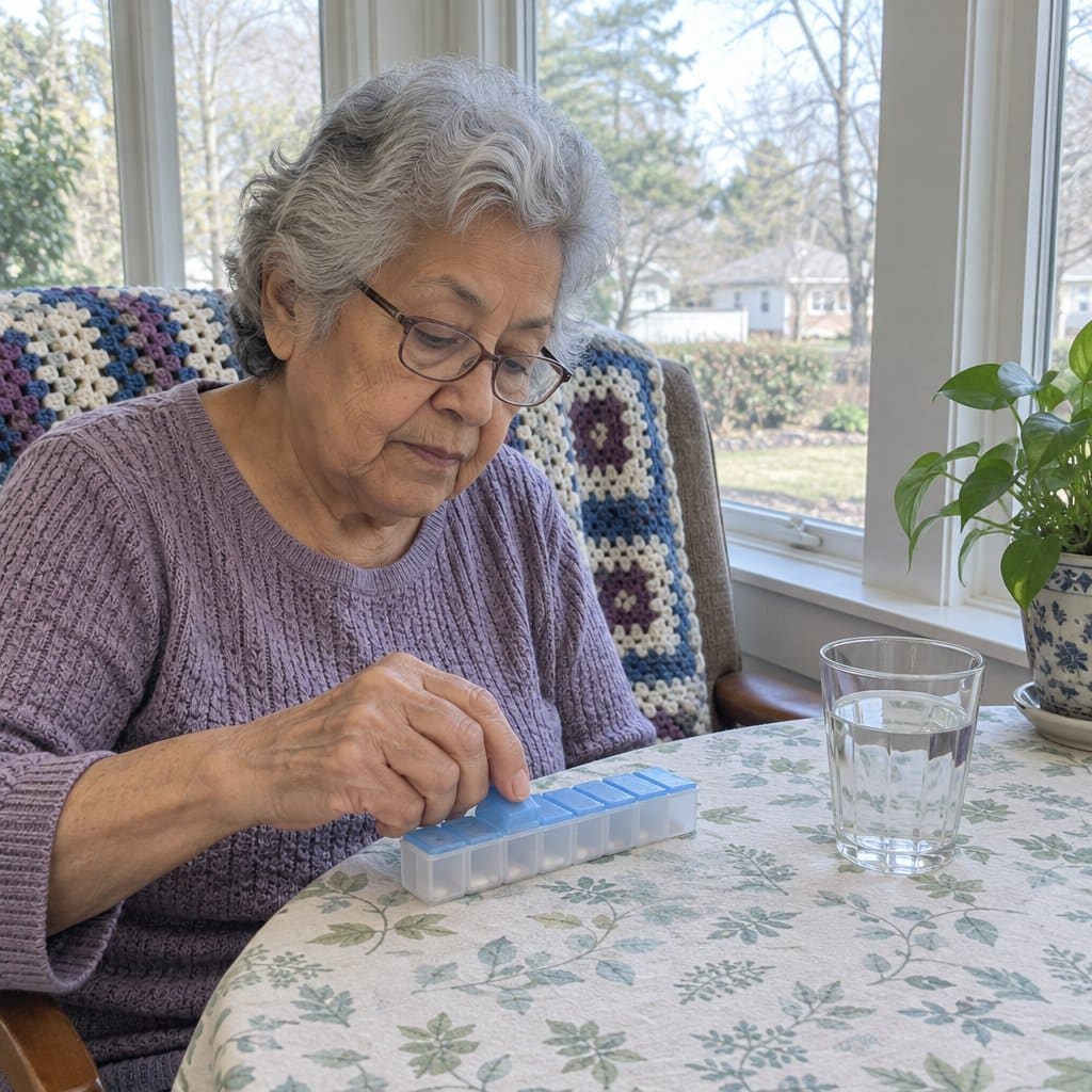 Older woman at a table pressing the lid of a weekly pill organizer with stiff fingers