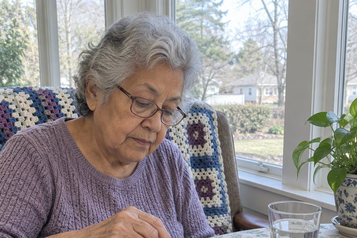 Older woman at a table pressing the lid of a weekly pill organizer with stiff fingers