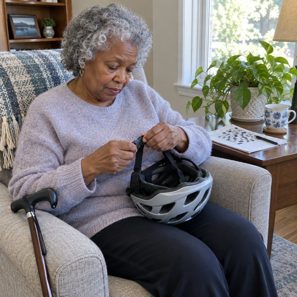 Older woman seated in an armchair fastening the chin strap of a bike helmet, a cane beside her