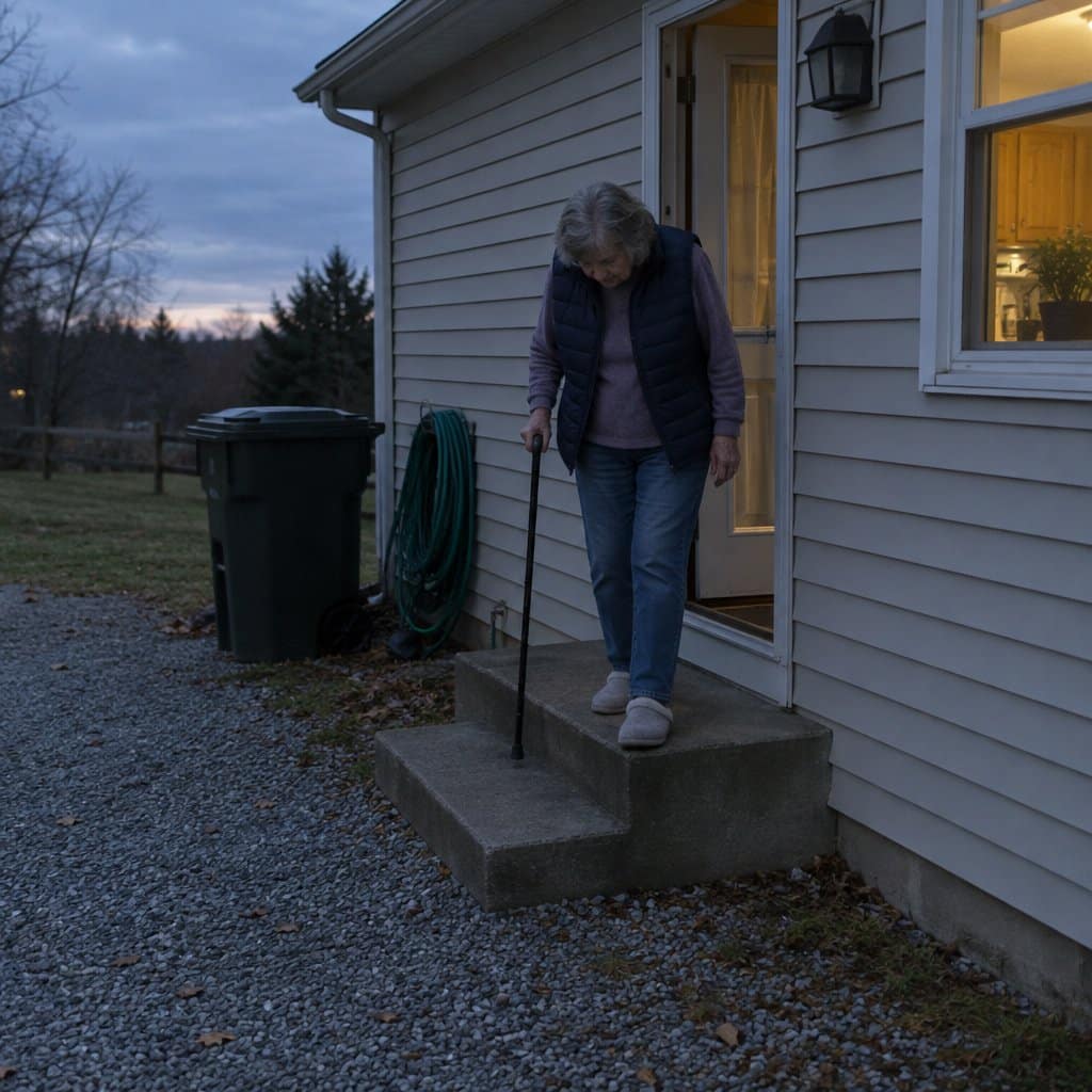Older woman with a cane stepping down side door steps at dusk beside an unlit wall light