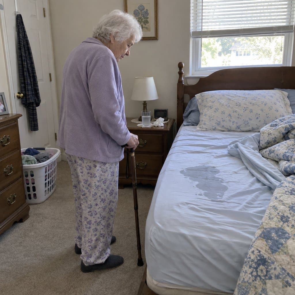 An older woman leaning on a cane, standing beside her bed in the morning looking down at a wet sheet she has pulled back