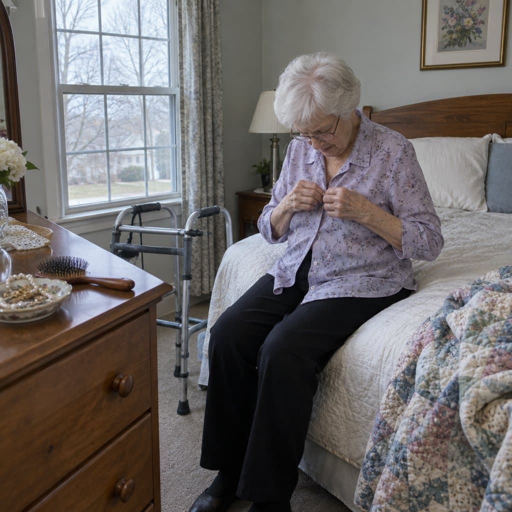 Older woman sitting on her bed fumbling with the buttons of a blouse, a walker beside the bed