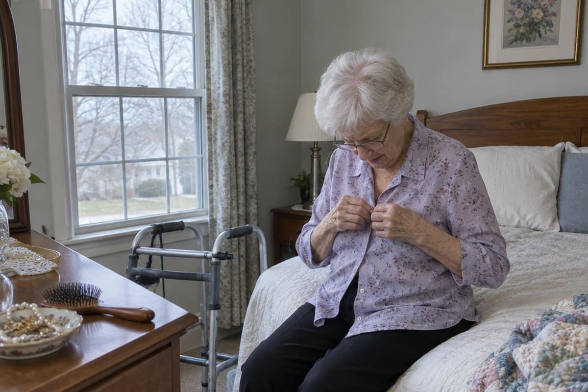Older woman sitting on her bed fumbling with the buttons of a blouse, a walker beside the bed
