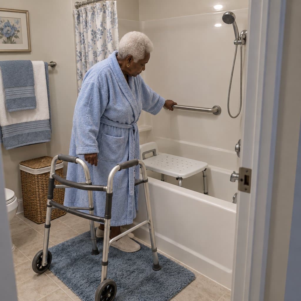 Older woman with a walker standing beside a bathtub holding a grab bar