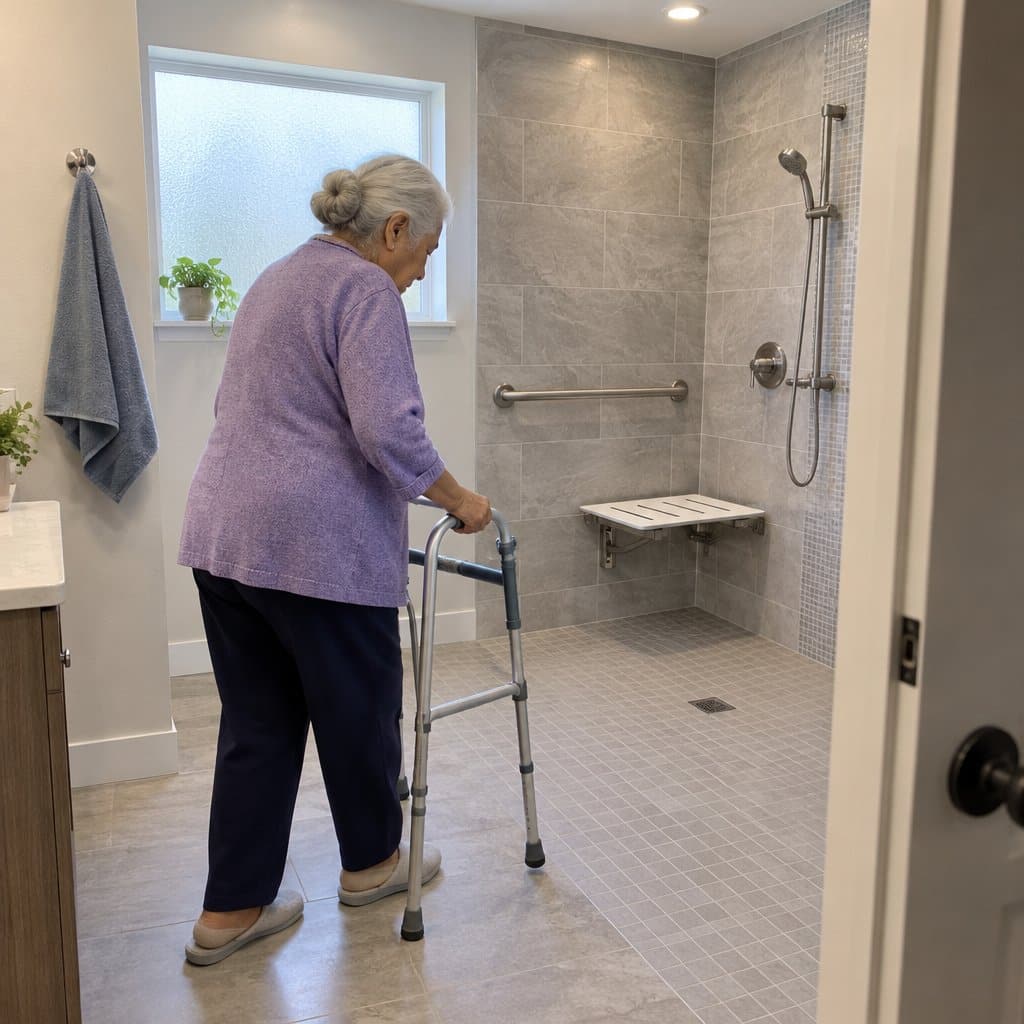 Older woman with a walker crossing a tiled floor toward a curbless shower with a fold-down bench and grab bar.