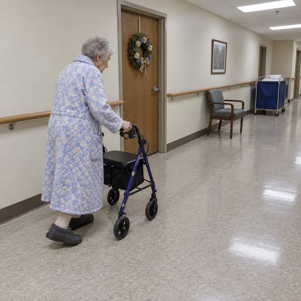 Older woman using a wheeled walker along a handrail in a care facility hallway