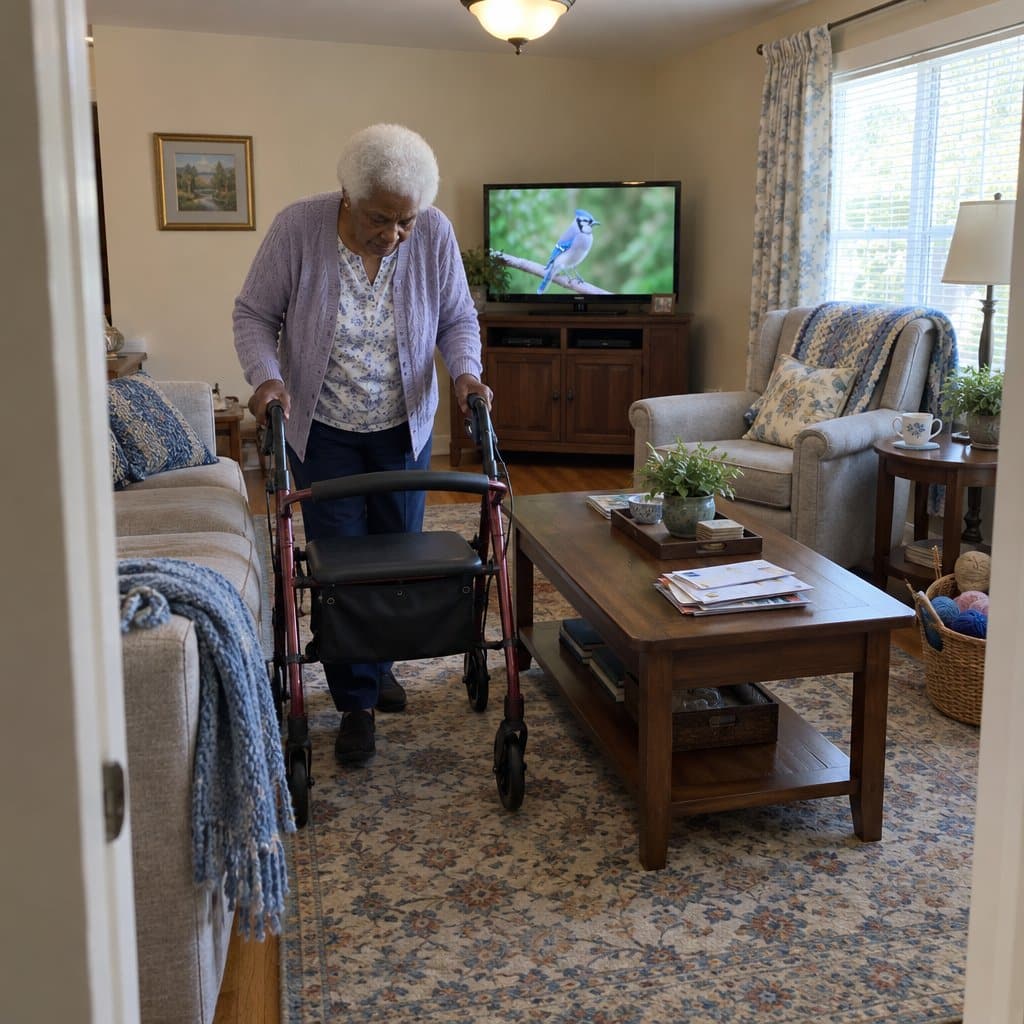 Older woman with a walker walking through a narrow gap between a sofa and coffee table