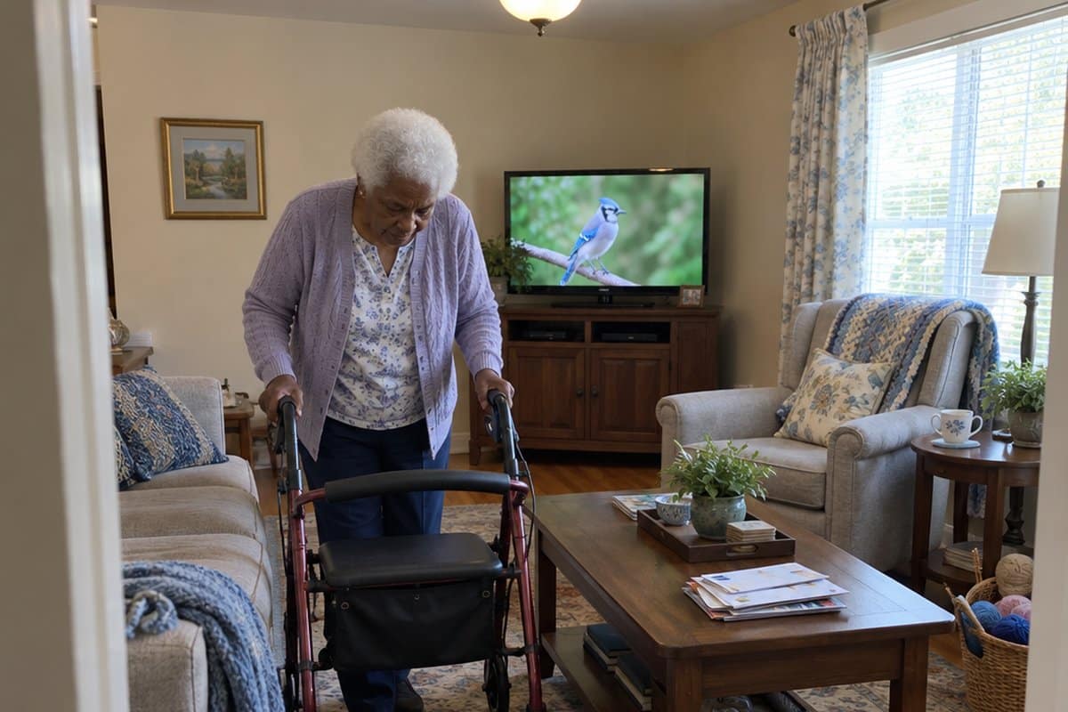 Older woman with a walker walking through a narrow gap between a sofa and coffee table