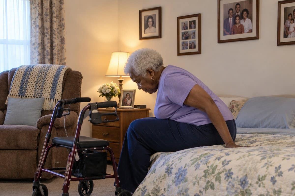 Older woman with a walker lowering herself onto a very low bed