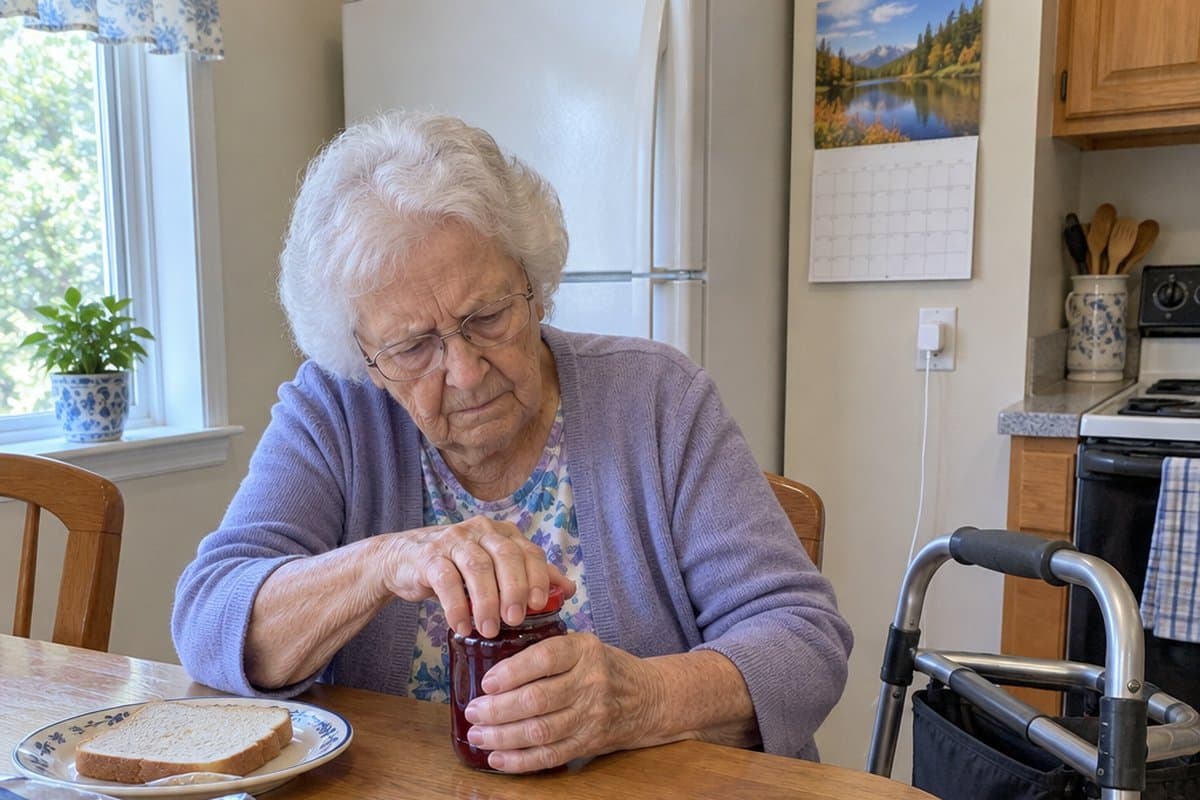 Older woman with a walker at a kitchen table trying to twist the lid off a jar