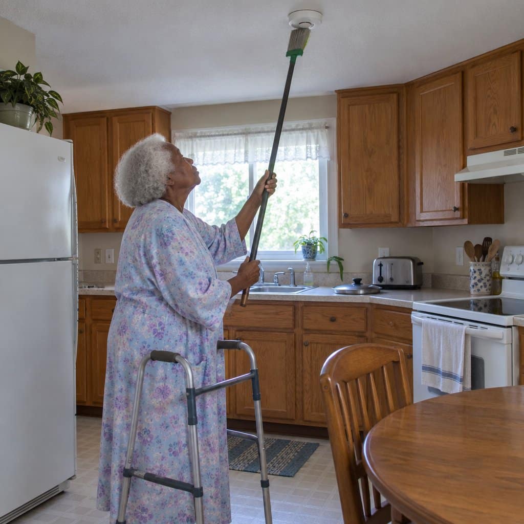 Older woman with a walker pressing a ceiling smoke alarm test button with a broom handle in a kitchen