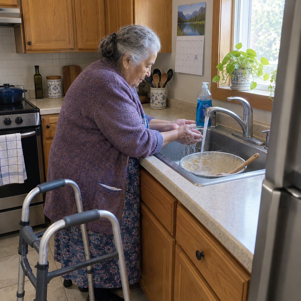 Older woman with a walker at a kitchen sink holding her soapy wet hands under the faucet