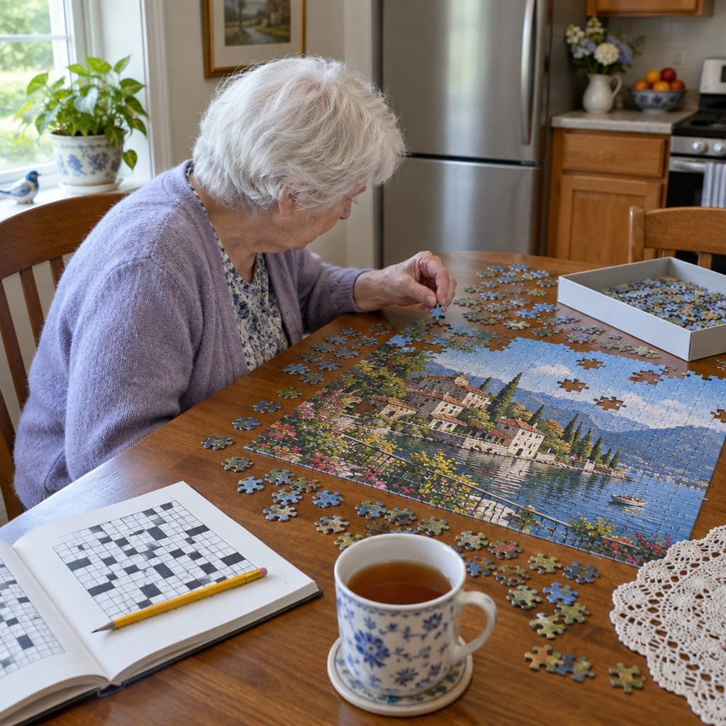 Older woman at a dining table assembling a large-piece jigsaw puzzle