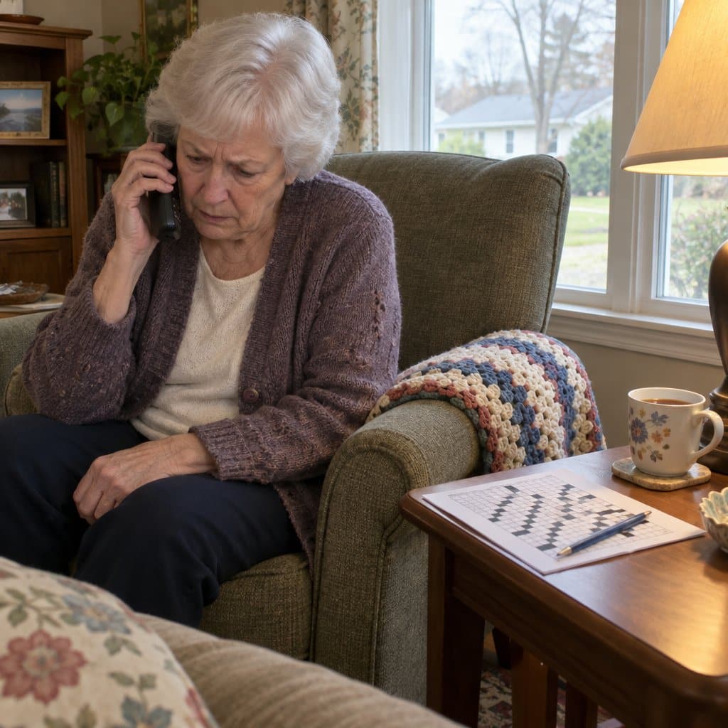 Older woman in an armchair holding a phone handset to her ear with a worried look