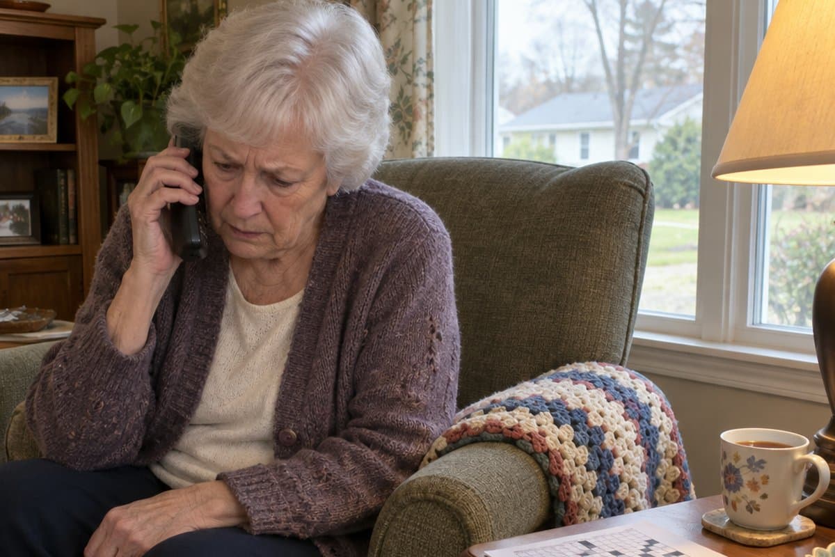 Older woman in an armchair holding a phone handset to her ear with a worried look