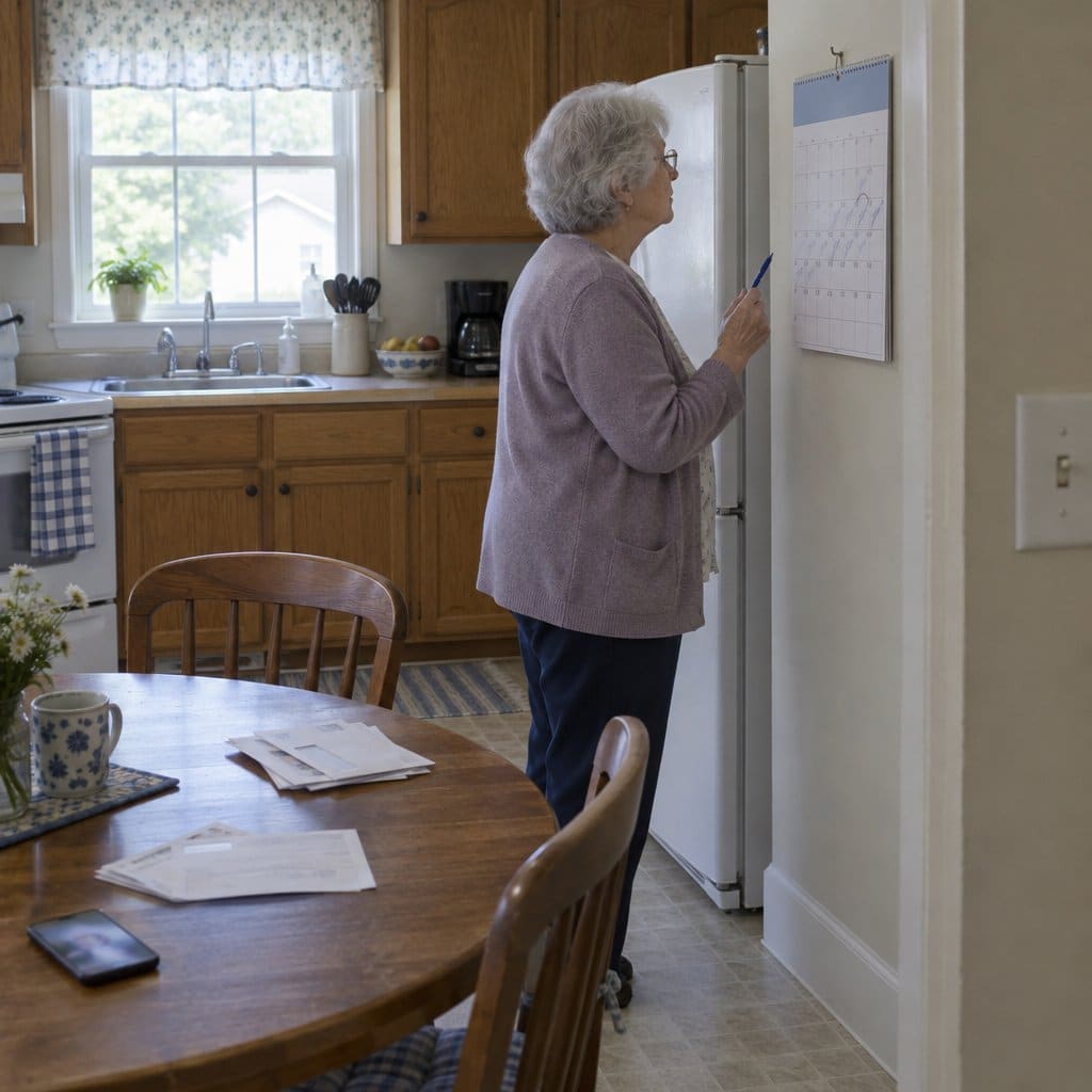 Older woman in a kitchen writing on a wall calendar hung beside the refrigerator