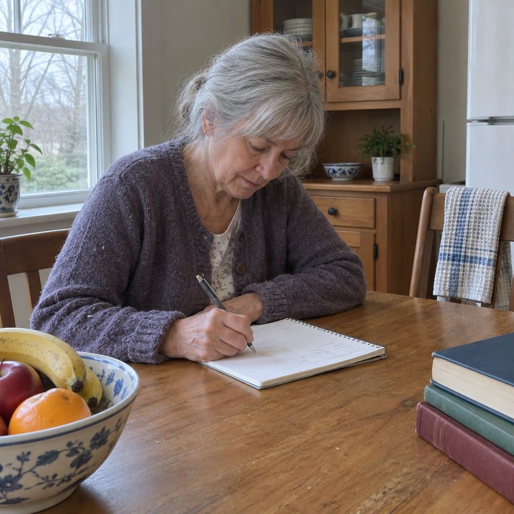 Older woman with grey hair writing in a notebook at a kitchen table with library books beside her