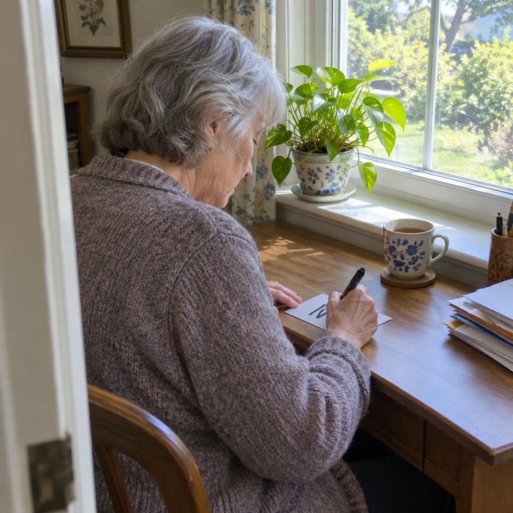 Older woman with grey hair writing one word on an index card at a desk by a sunny window