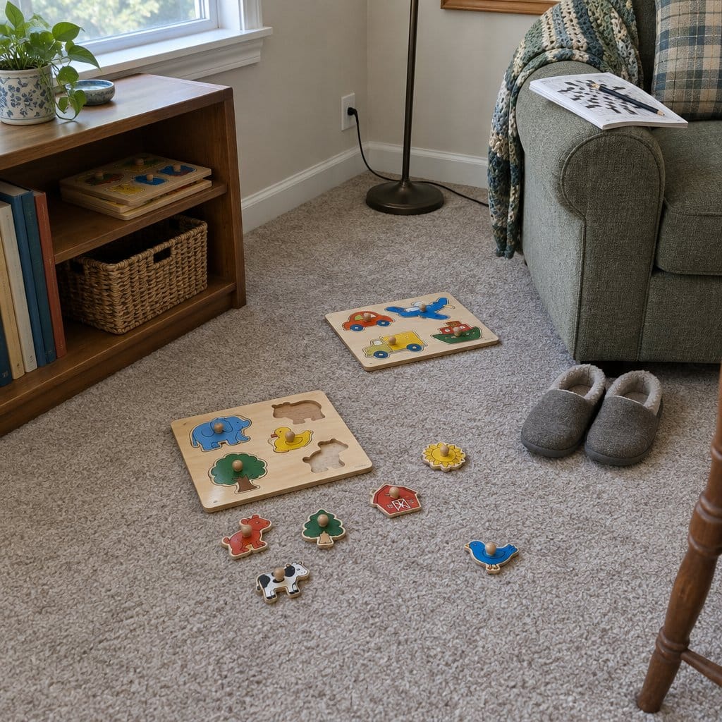 Wooden peg puzzle boards scattered on a carpet beside a low shelf and a small basket