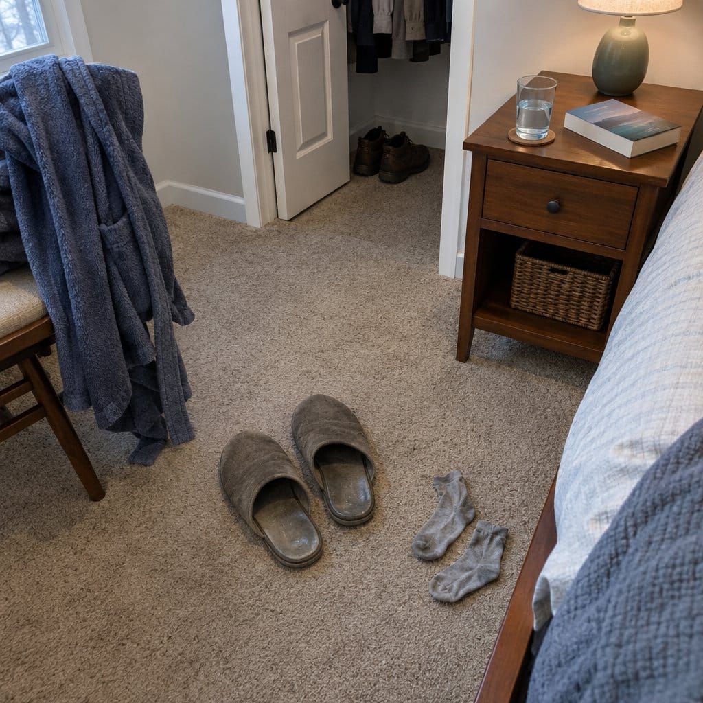 Worn backless slippers and socks on a bedroom carpet beside a bed