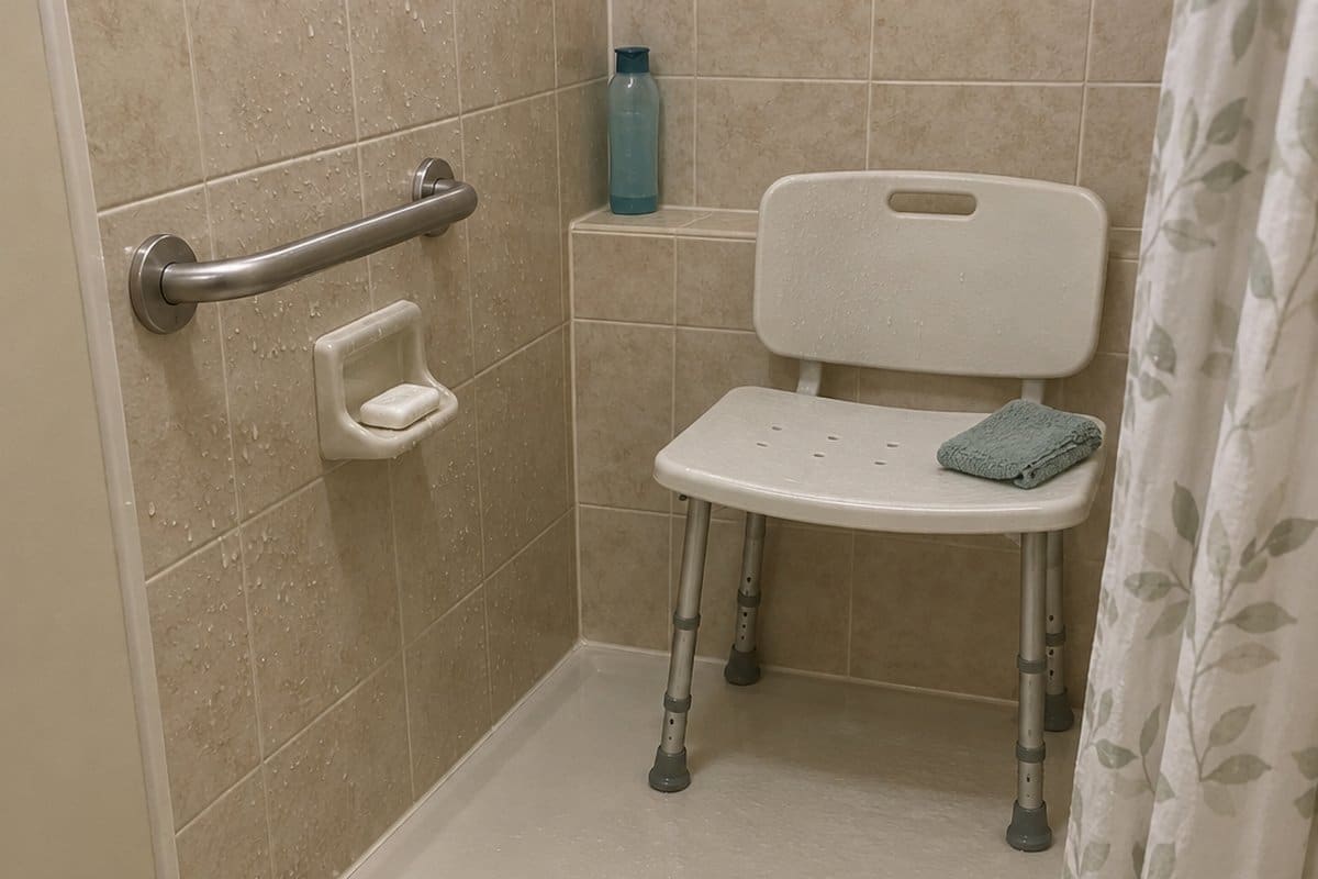 A worn white bar of soap in a dish beside a grab bar and shower bench in a home shower