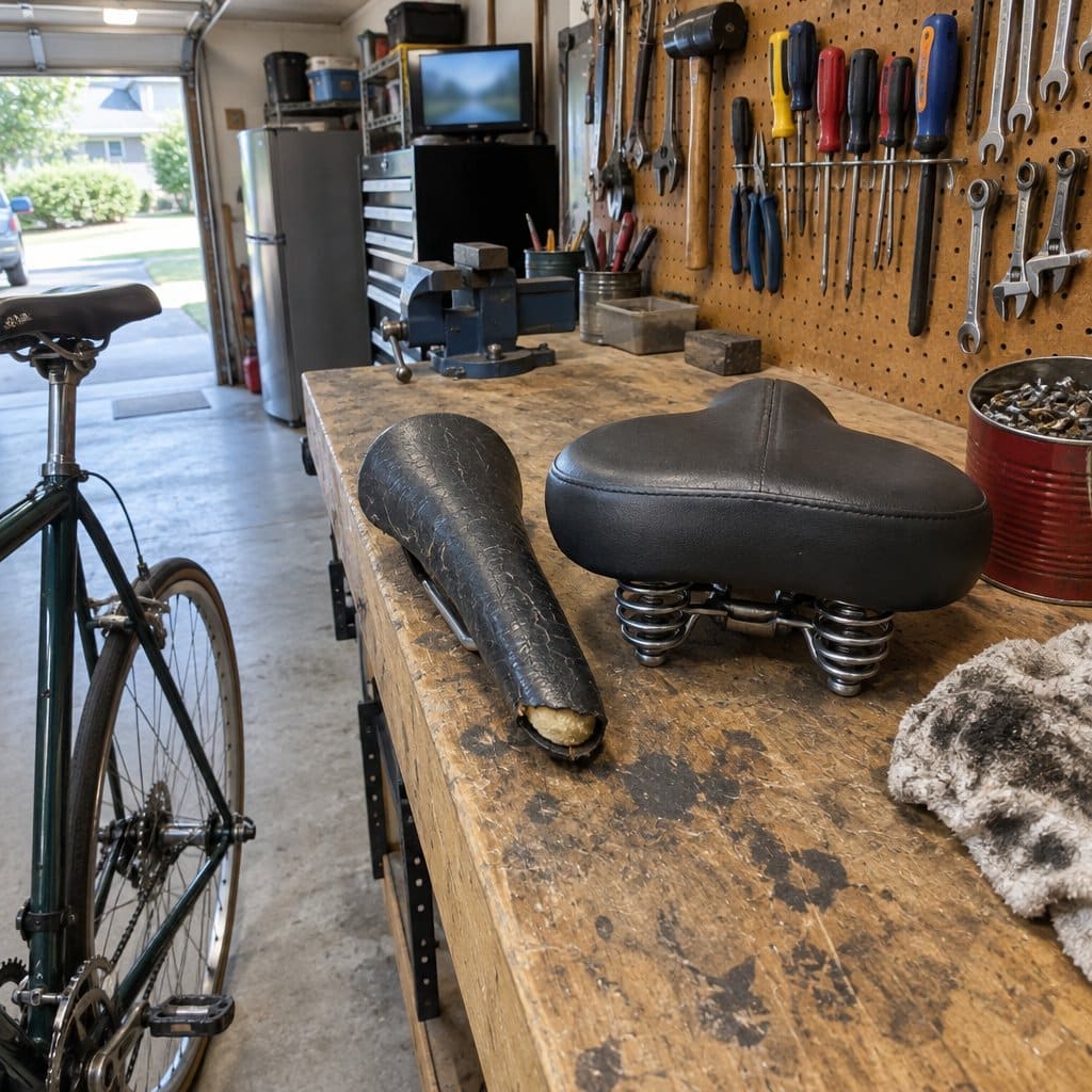Worn narrow bicycle saddle and a wide spring saddle side by side on a garage workbench