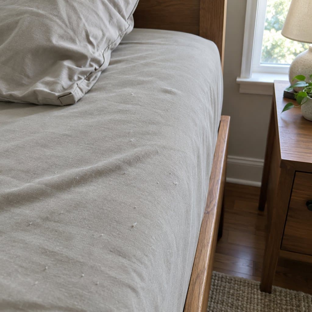 Close view of a greige bed sheet with small pills of lint on a mattress corner