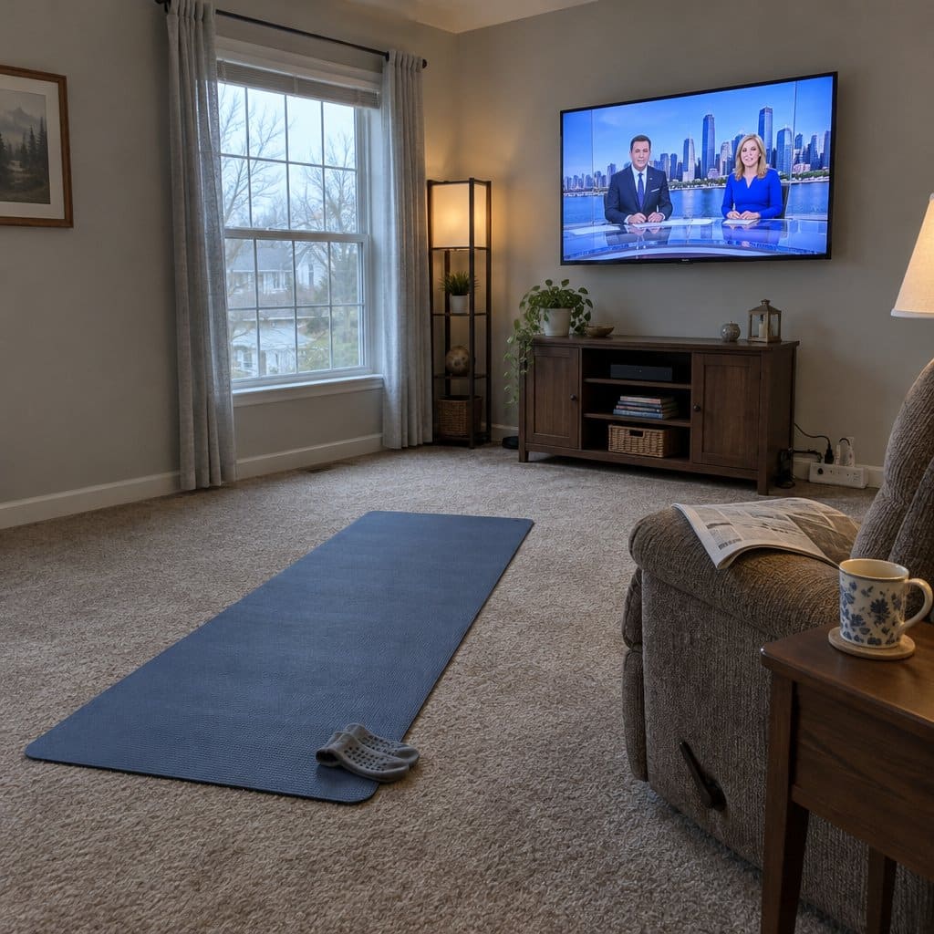 Unrolled yoga mat and socks on carpet near a recliner with a morning news show on TV